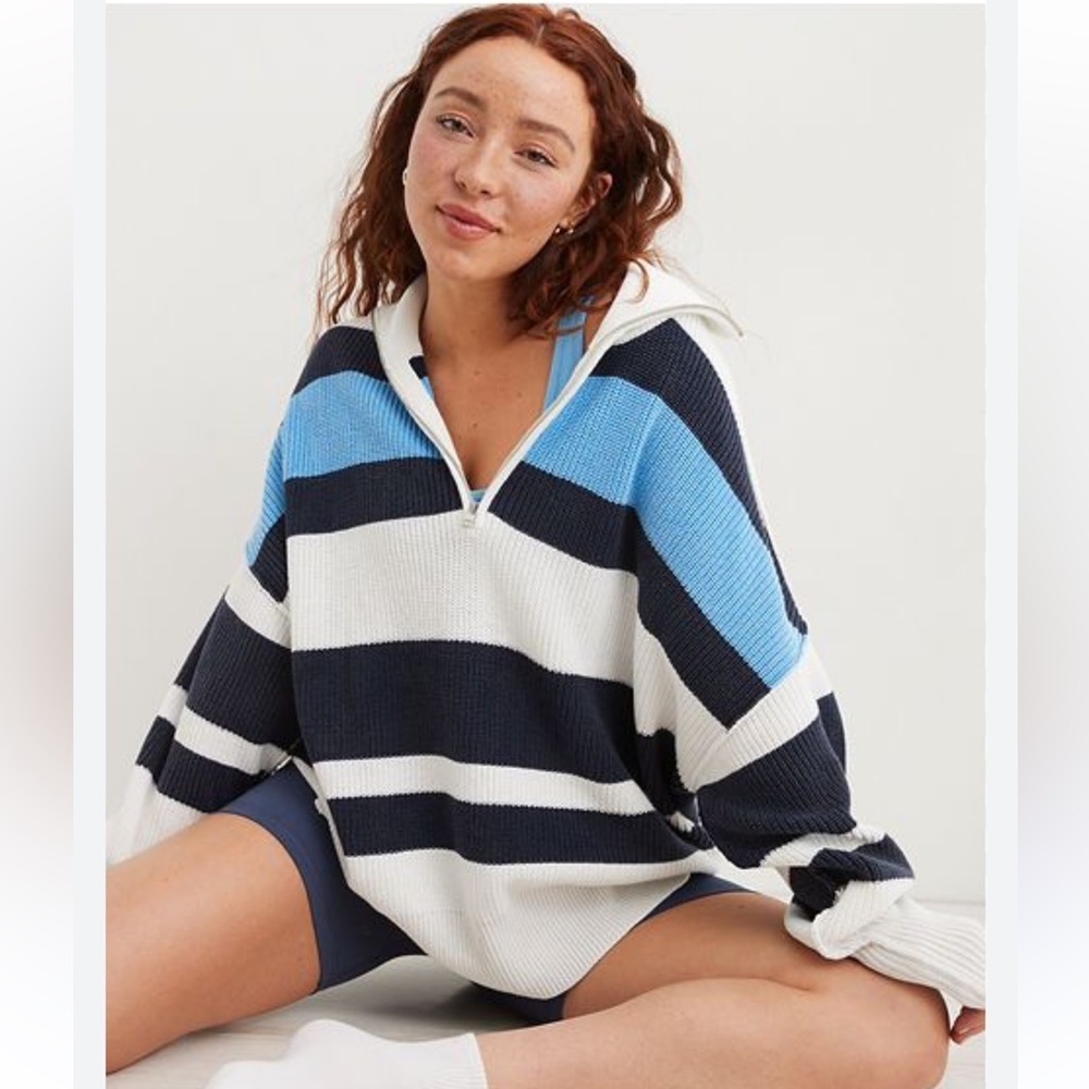 BNWT AERIE Beyond Quarter-Zip Sweater- Striped
